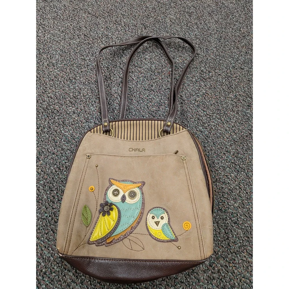 Chala Owl Family Convertible Backpack Tote Bag Tan Brown Vegan Leather Whimsical